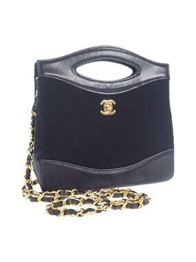 Chanel Vintage 2-Way Shoulder Bag Lambskin Cotton Black Gift